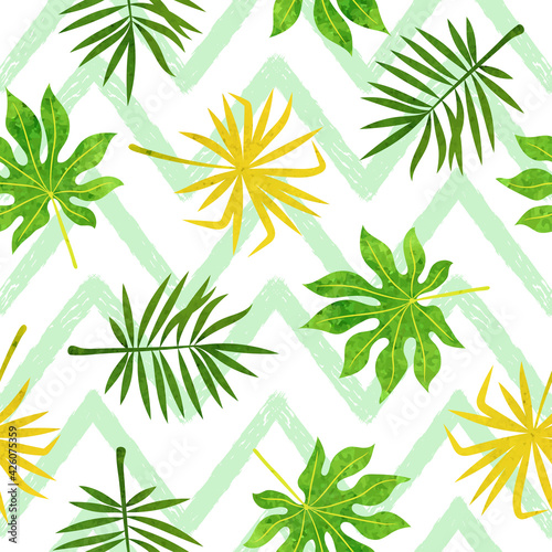 Abstract watercolor tropical leaves pattern. Seamless vector jungle background. © Afanasia