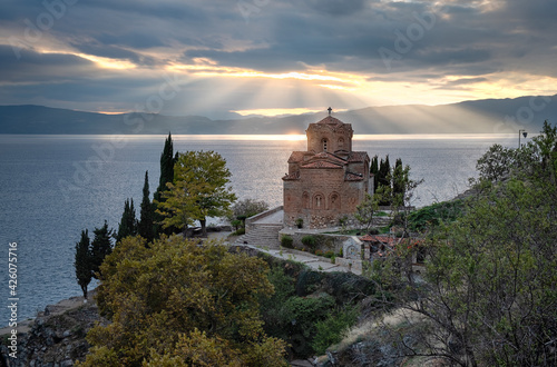 Sunset at Saint John at Kaneo, an Orthodox church situated on the cliff overlooking Lake Ohrid, UNESCO World Heritage Site, Ohrid, North Macedonia