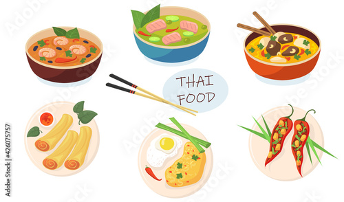 Spicy Asian dishes flat pictures set for web design. Cartoon delicious Thai food in plates and bowls isolated vector illustrations. Traditional food and meal concept