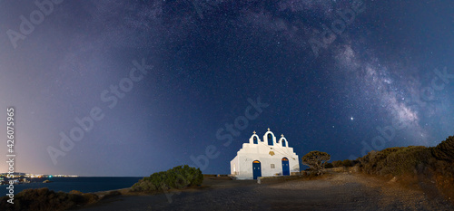 Milky Way arches above Agios Georgios on Paros Island, Cyclades, Greek Islands, Greece