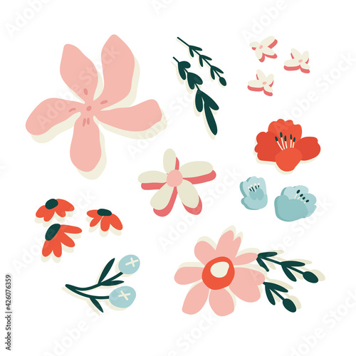 Vector illustration of different flowers. Hand-drawn set in bright color. Suitable for web and print design.