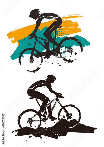 
Mountain bike cyclists, grunge stylized.
Two expressive illustrations of cyclists. Imitation of hand drawing. Isolated on white background. Vector available.
