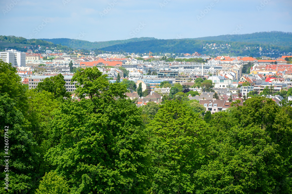 Vienna, Austria - July 25, 2019: Panoramic city view from Schonbrunn Palace and Schlosspark