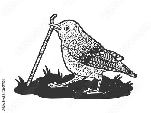 Bird sparrow pulls the worm out of the ground sketch engraving vector illustration. T-shirt apparel print design. Scratch board imitation. Black and white hand drawn image.