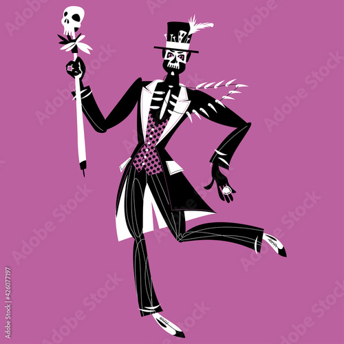 Dancing man in skull makeup dressed in Baron Samedi (Baron Saturday) costume.  Black and white. 