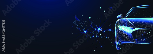 Car. Abstract vector 3d modern car. Isolated on dark blue background. Digital futuristic polygonal low poly mesh illustration