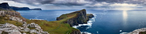 Panoramic on the coast of the Isle of Skye and Nest Point promontory, Isle of Skye, Inner Hebrides, Scotland, United Kingdom