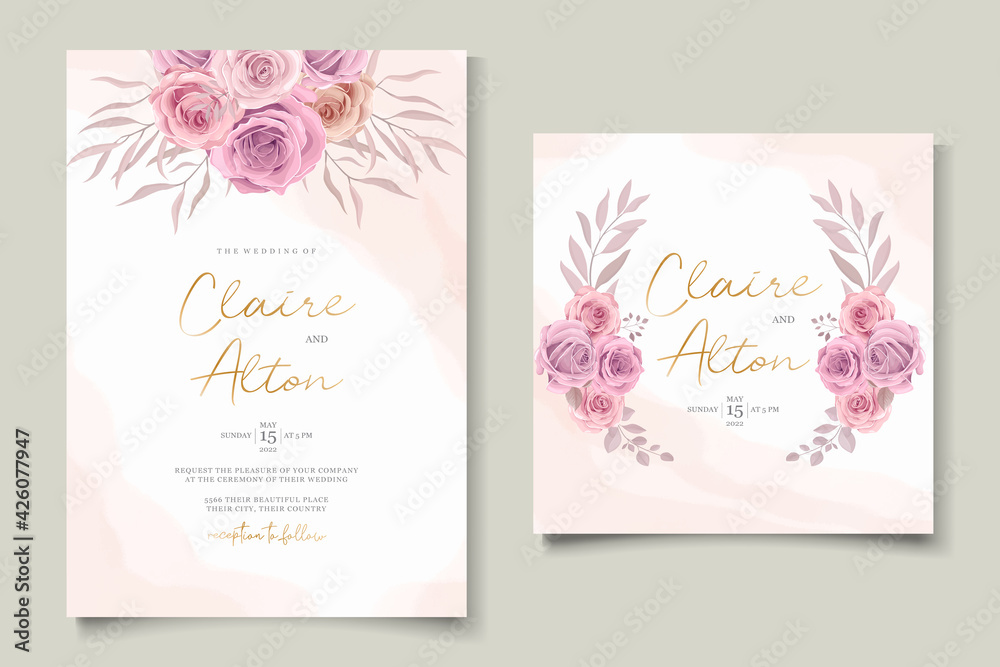 Minimalist wedding invitation card with pink flower design