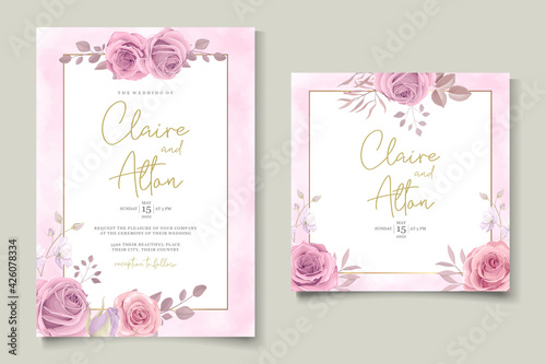 Minimalist wedding invitation card with pink flower design