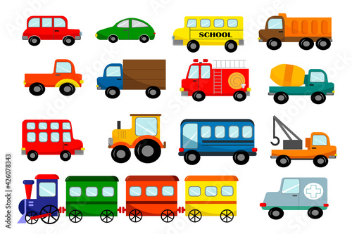 Set of childrens toys transport on a white background. Vector illustrations for printing on cards and clothes, for design on flyers, illustrations and interiors. School bus, fire truck, truck
