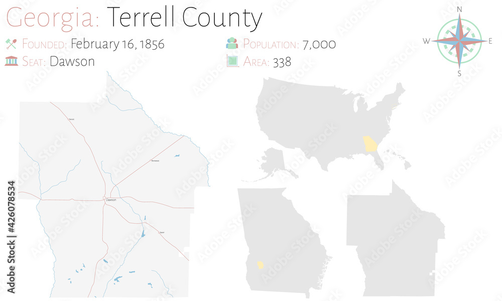 Obraz premium Large and detailed map of Terrell county in Georgia, USA.