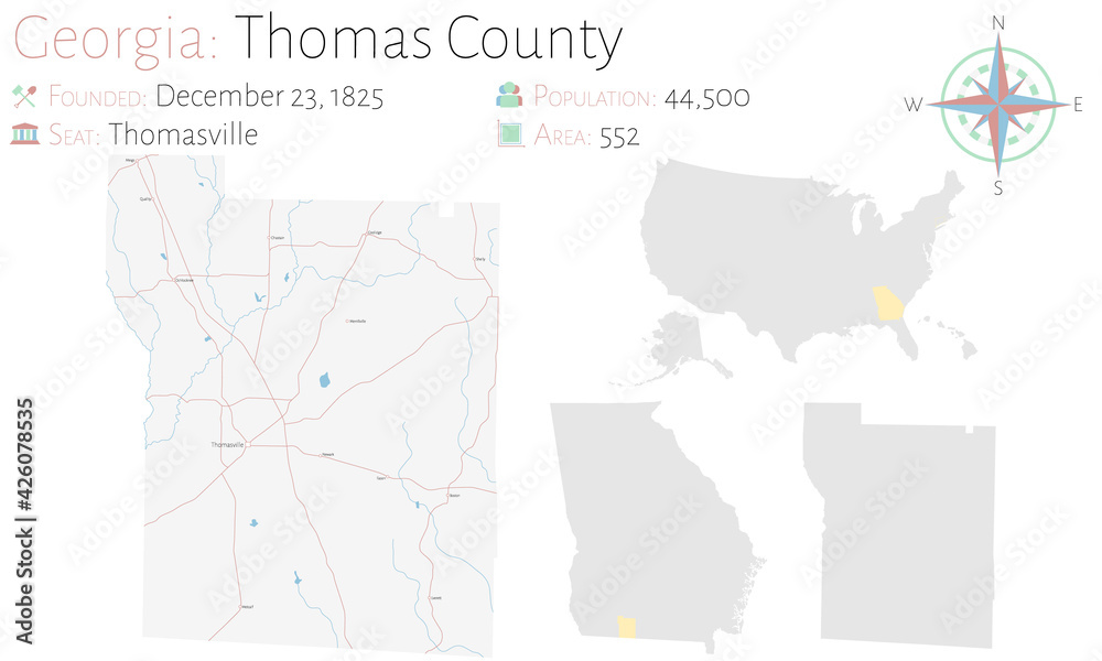 Large and detailed map of Thomas county in Georgia, USA.