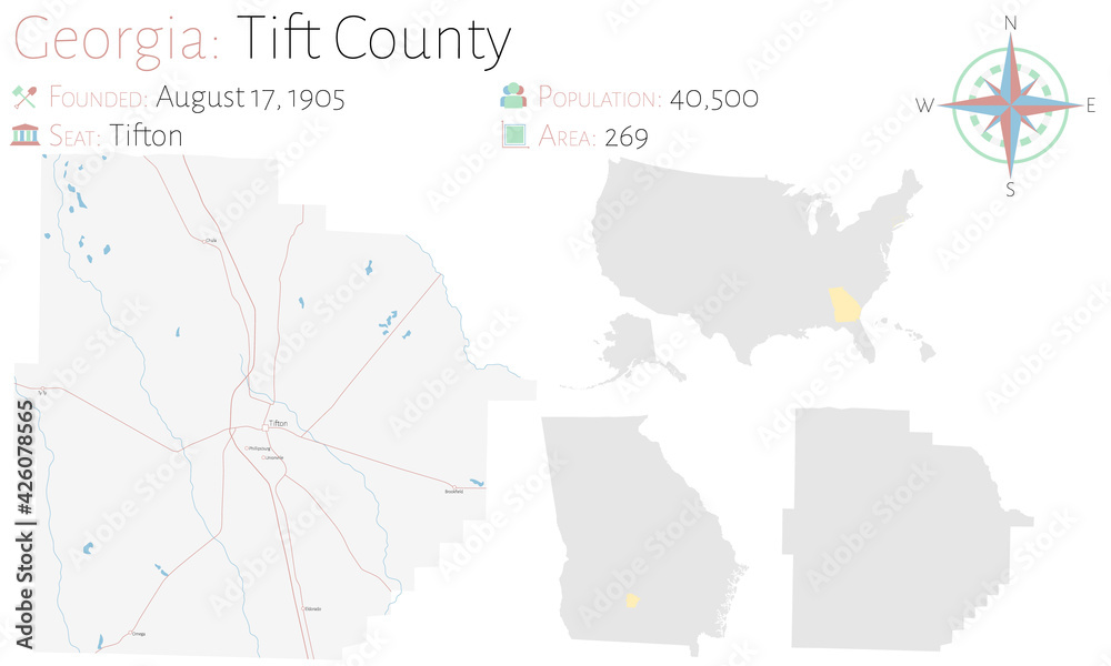 Large and detailed map of Tift county in Georgia, USA.