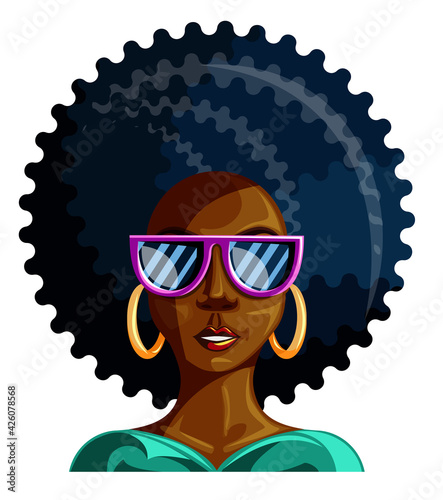 Vector image of a dark-skinned woman in sunglasses and a luxurious hairstyle in full face, isolated on a white background. EPS 10