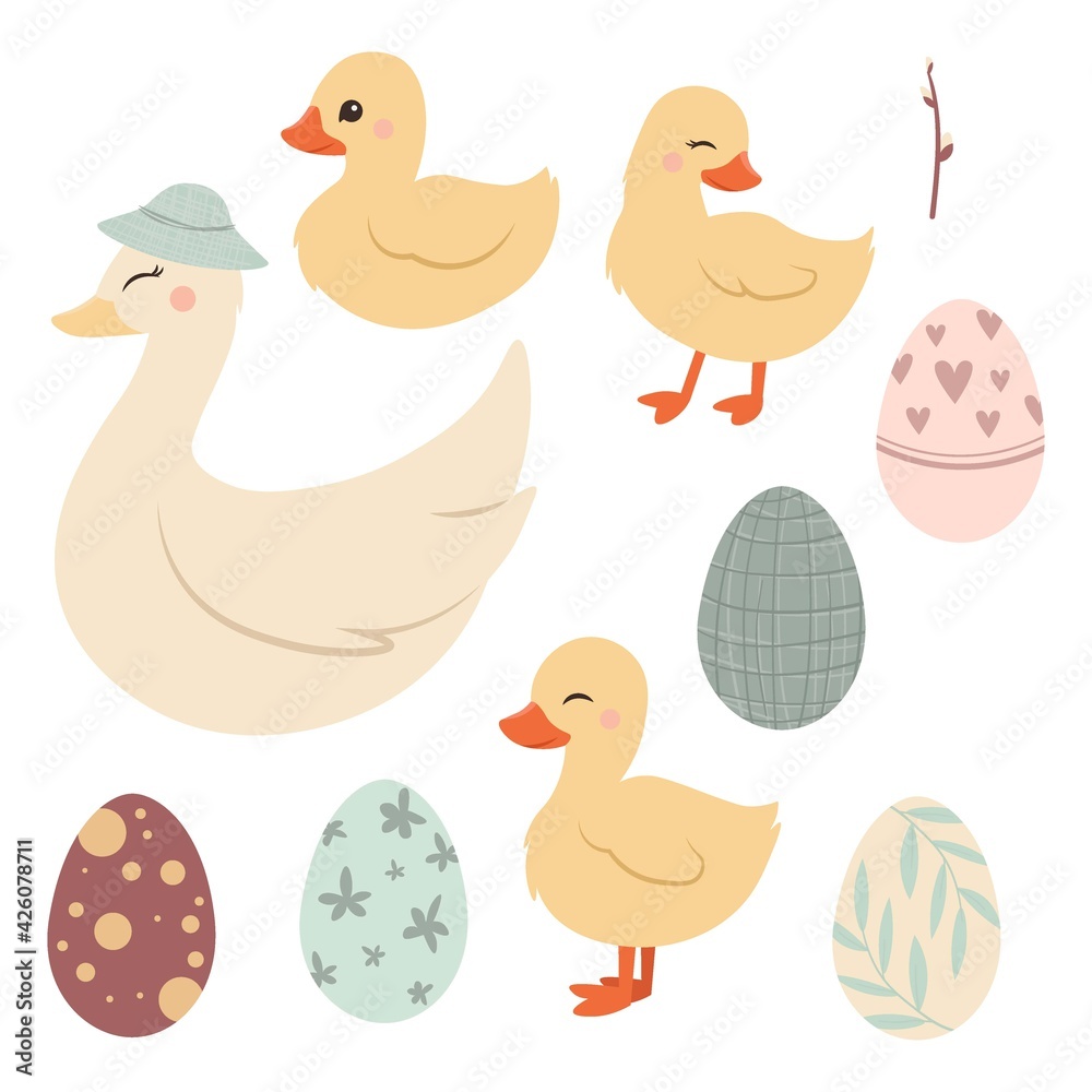 Cute Happy Easter yellow duckling Vector Illustration.