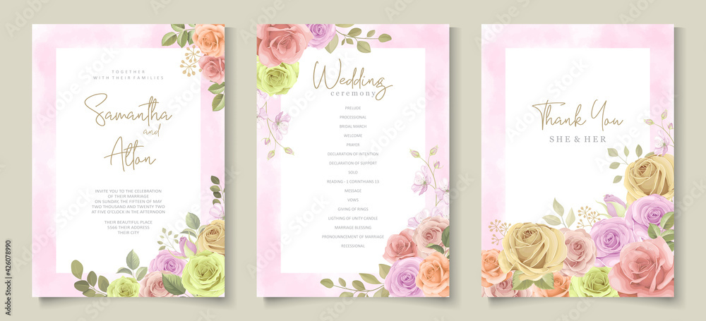 Minimalist wedding invitation card with soft color flower design