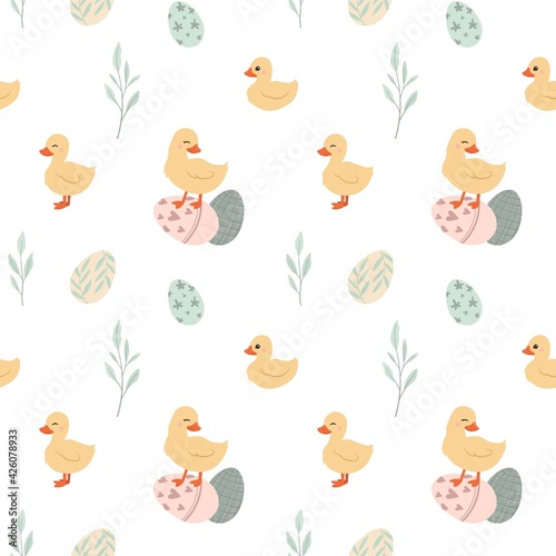 Cute Happy Easter yellow duckling Vector Illustration.