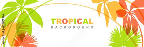 Tropical horizontal banner with exotic leaves. Stylish fashion frame on a white background.  Vector illustration isolated and editable.