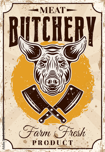 Butchery shop farm fresh pork meat product vector vertical poster or advertisement banner in vintage style with pig head and crossed cleaver knives