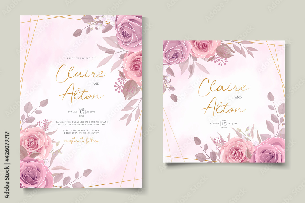 Minimalist wedding invitation card with pink flower design