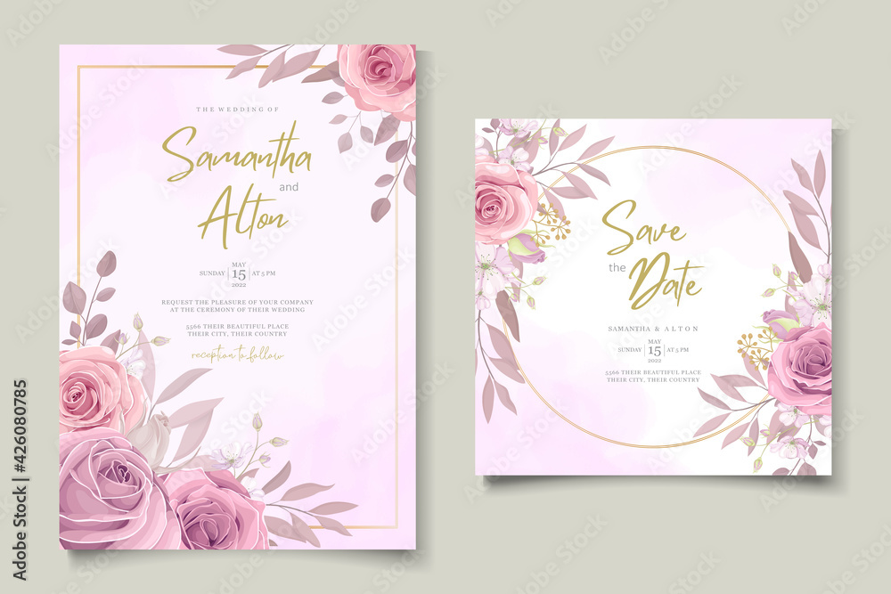 Minimalist wedding invitation card with pink flower design