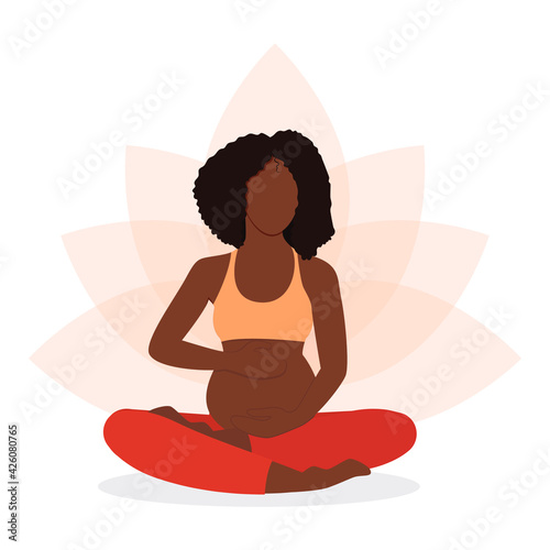
Healthy pregnancy concept. Black woman practicing yoga isolated on white background. Vector illustration
