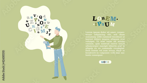 Young man poet standing and reading his poetry with flying letters. Literature poem corses landing page. World poetry day web banner template. Colored flat vector character illustration grain style.