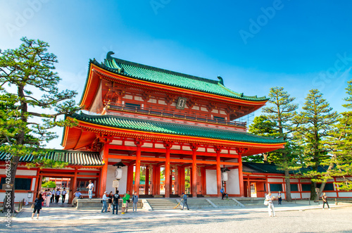 KYOTO, JAPAN - MAY 2016: Shinto Shrine with tourists on a sunny day