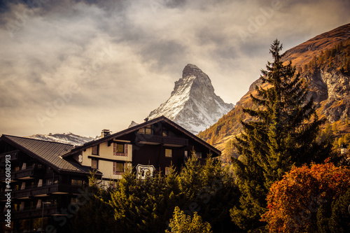 Typical swiss chalet with the Matterhorn in the background, shot in Zermatt, Valais