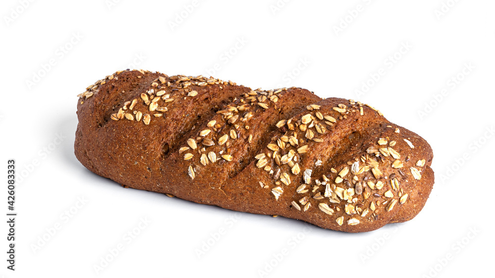 Rye flour loaf with cereals on a white background.