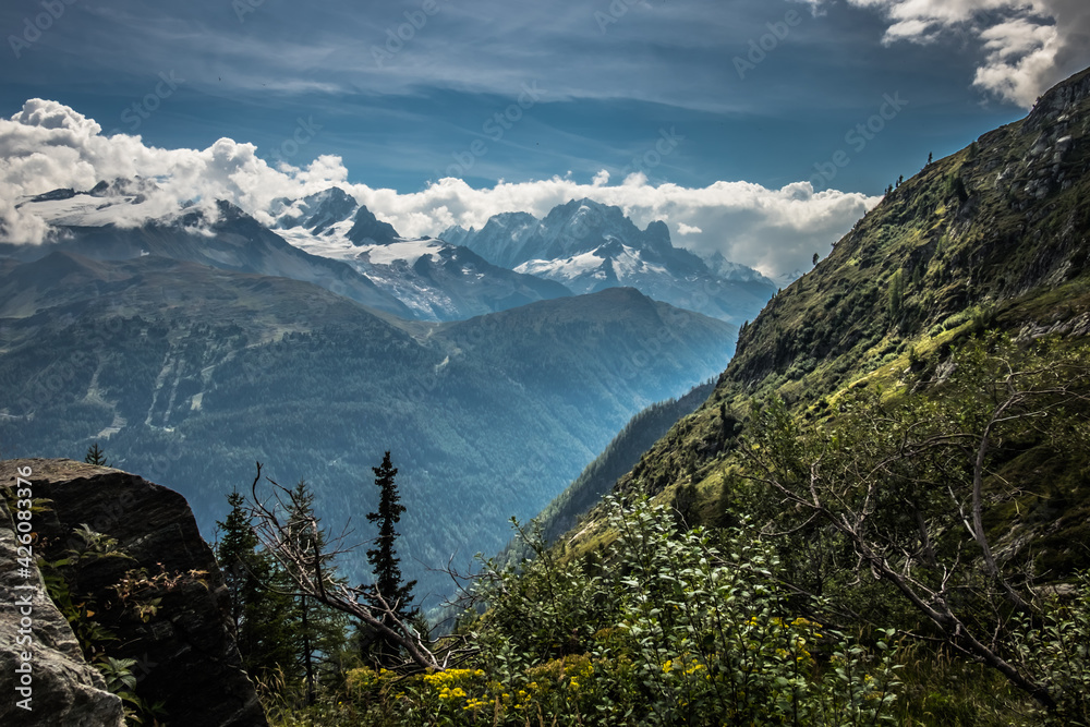 Landscape view of the Mountains of the Trient Valley and Mont-Blanc area, shot in Valais, Switzerland