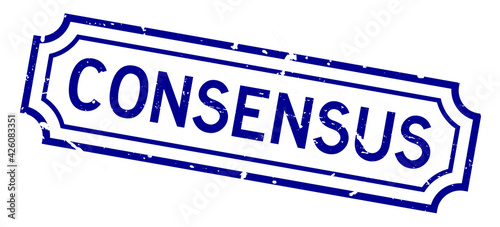 Grunge blue consensus word rubber business seal stamp on white background