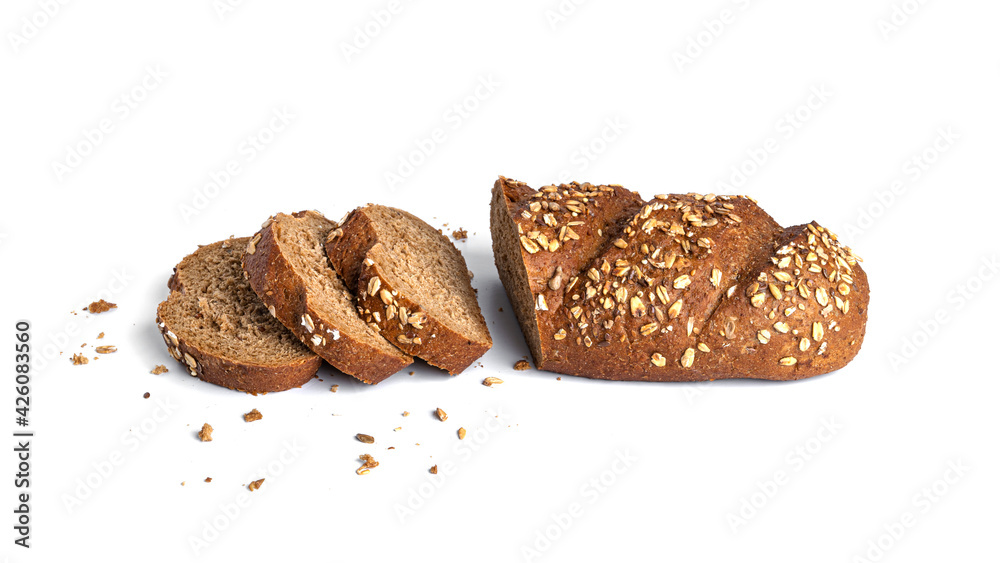 Rye flour loaf with cereals on a white background.