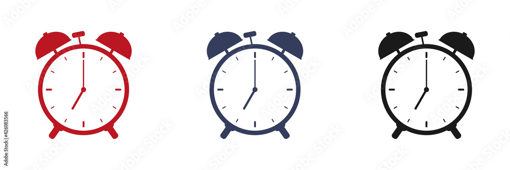 Alarm clock icons set. Black, red, blue alarm clock. Vector illustration Alarm clock icons set. Black, red, blue alarm clock. Vector illustration