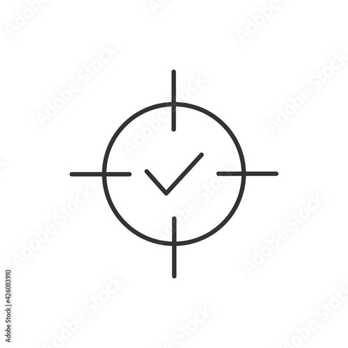 Crosshair with check mark line icon. Goal reached symbol. Target review outline concept. Confirmed pictogram. Vector isolated on white. 