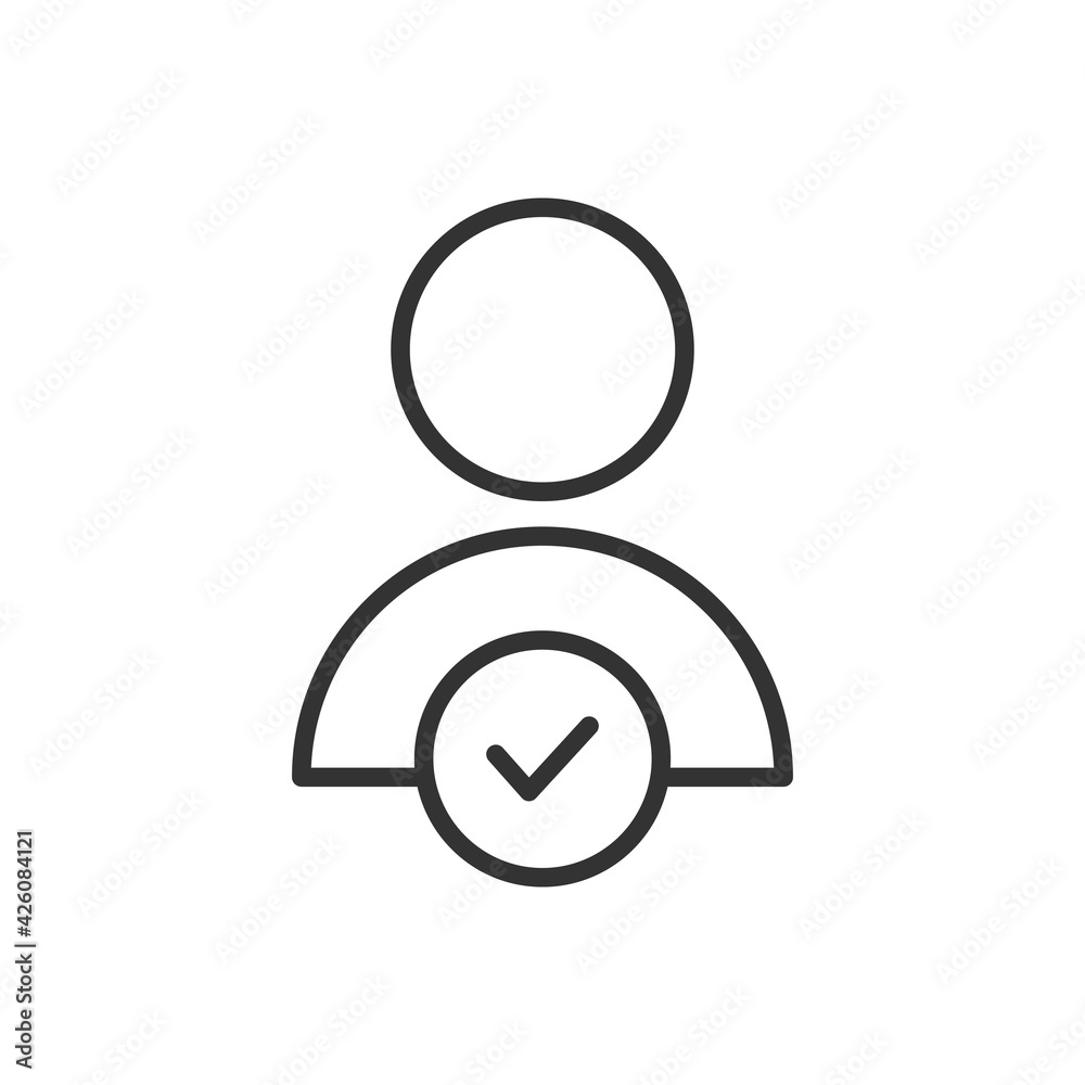 People tick line icon. Person with checkmark outline pictogram. User symbol. Customer linear sign. Vector isolated on white People tick line icon. Person with checkmark outline pictogram. User symbol. Customer linear sign. Vector isolated on white