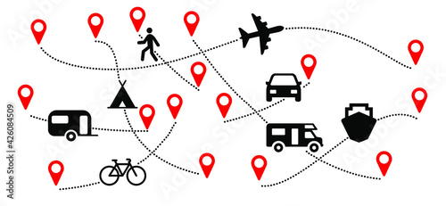 Holiday destination, camping route with start point GPS. Camper, tent, plane, ship, bike, car and walking person. Vacation, summer concept. Vector line pat, pin location sign. 