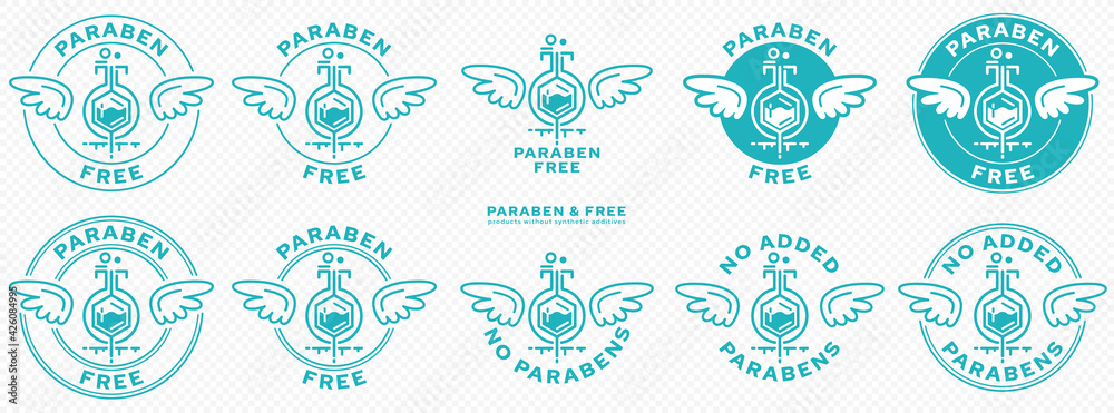 Concept for product packaging. Labeling - paraben free. A paraben chemical flask, with wings and a line of flowing ingredient - a symbol of freedom from parabens. Vector