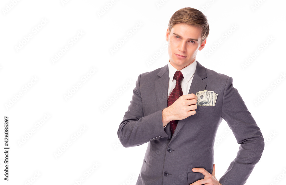 Businessman with money in pocket suit Business man earn a lot of money Rich guy get wealth and get much income or it dirty money White collar worker men get successful of business isolated on white Businessman with money in pocket suit Business man earn a lot of money Rich guy get wealth and get much income or it dirty money White collar worker men get successful of business isolated on white