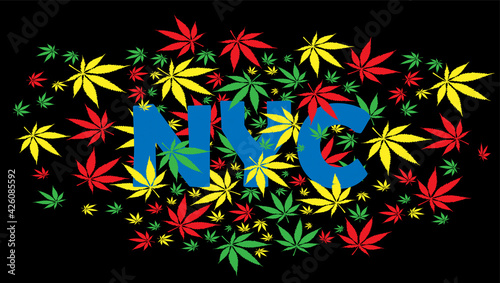 lettering design marijuana leaf inscription nyc on black  background