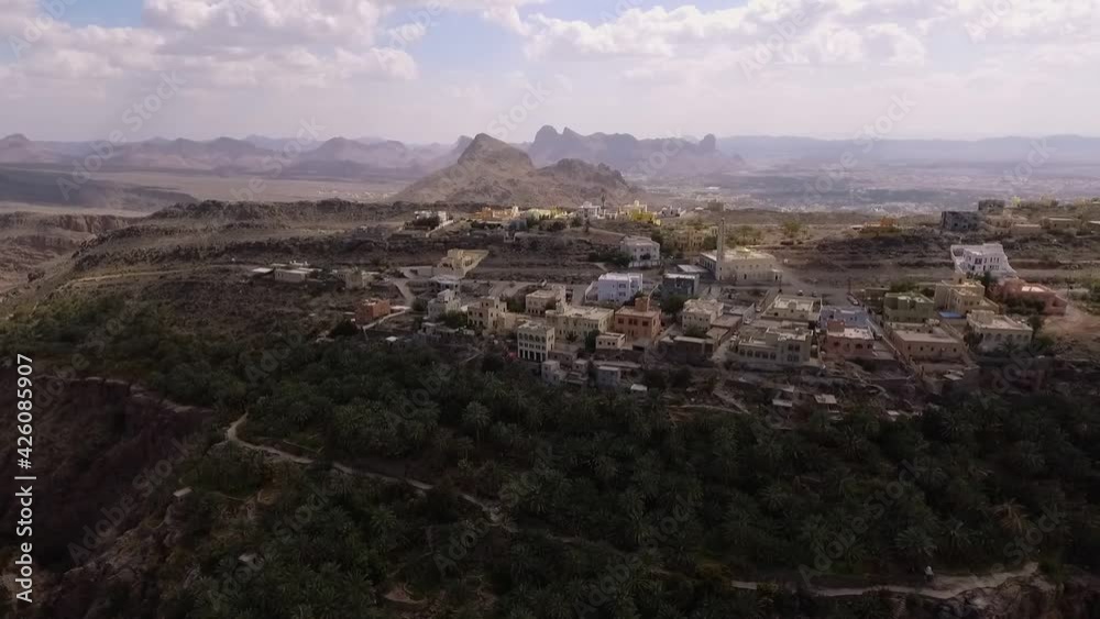 Aerial View Of Local Town On Hilltop In Desert Landscape In Oman. Parallax Right Aerial View Of Local Town On Hilltop In Desert Landscape In Oman. Parallax Right