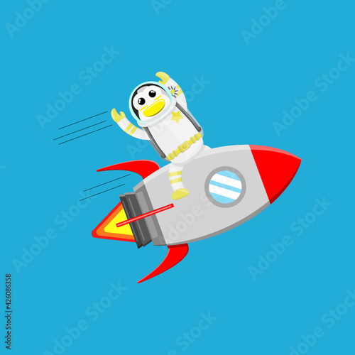 Illustration vector graphic cartoon of cute penguin astronaut riding the spaceship. Childish cartoon design suitable for product design of children's books, t-shirt, greeting cards etc