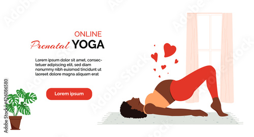 Black pregnant woman home yoga banner. Pregnant black woman practicing yoga. Vector illustration. Eps 10