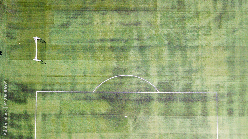 Aerial view of soccer football field. Mini goal post can be seen Aerial view of soccer football field. Mini goal post can be seen