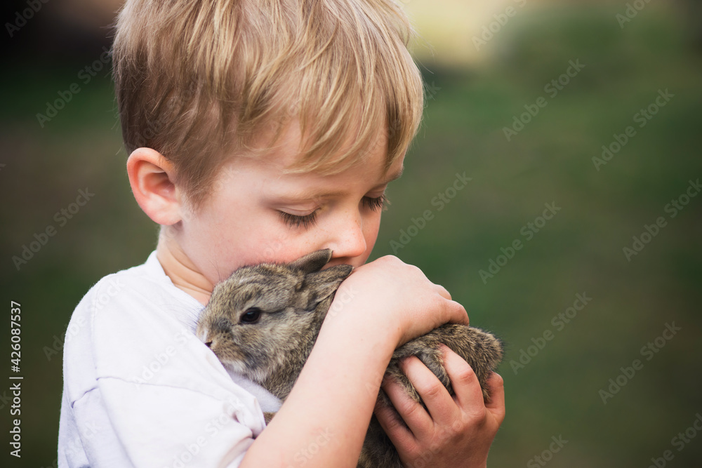Small boy with his furry friend little rabbit. Kid and animal care concept with copy space. Small boy with his furry friend little rabbit. Kid and animal care concept with copy space.