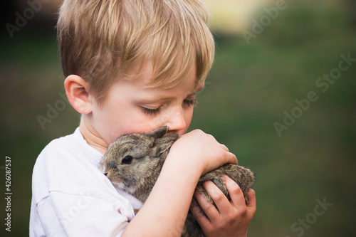 Wallpaper Mural Small boy with his furry friend little rabbit. Kid and animal care concept with copy space. Torontodigital.ca