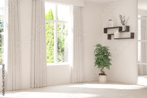 White empty room with summer landscape in window. Scandinavian interior design. 3D illustration