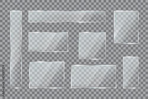 Glass plates. Transparent window texture with gloss, plastic or acrylic rectangular panels, buttons or banners. Glass framework isolated vector set. Realistic gloss screens with lights