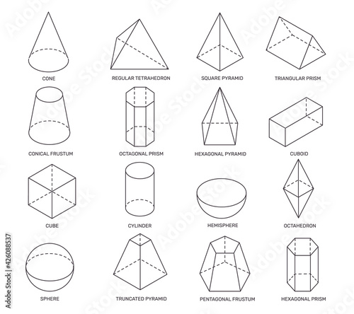 Line isometric shapes. Simple geometric forms for school learning and logo design. Cylinder, prism and pyramid, cone and sphere 3d vector math set. Scheme isolated forms for math education