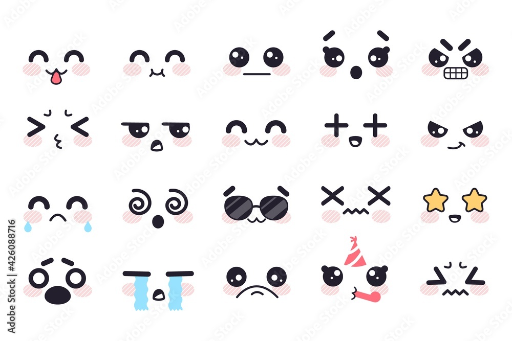 Kawaii cute faces. Japanese manga emotions fear, crying and anger, apathy and death, joy and surprise anime doodle isolated vector set. Face with sunglasses, star eyes, birthday hat Kawaii cute faces. Japanese manga emotions fear, crying and anger, apathy and death, joy and surprise anime doodle isolated vector set. Face with sunglasses, star eyes, birthday hat